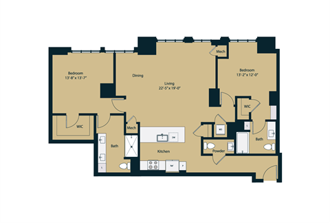 Floor plan for 2 beds, 2.5 baths, 1444 sqft
